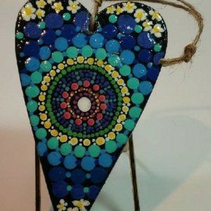 Colorful Mandala Hand-Painted Wooden Heart 6"